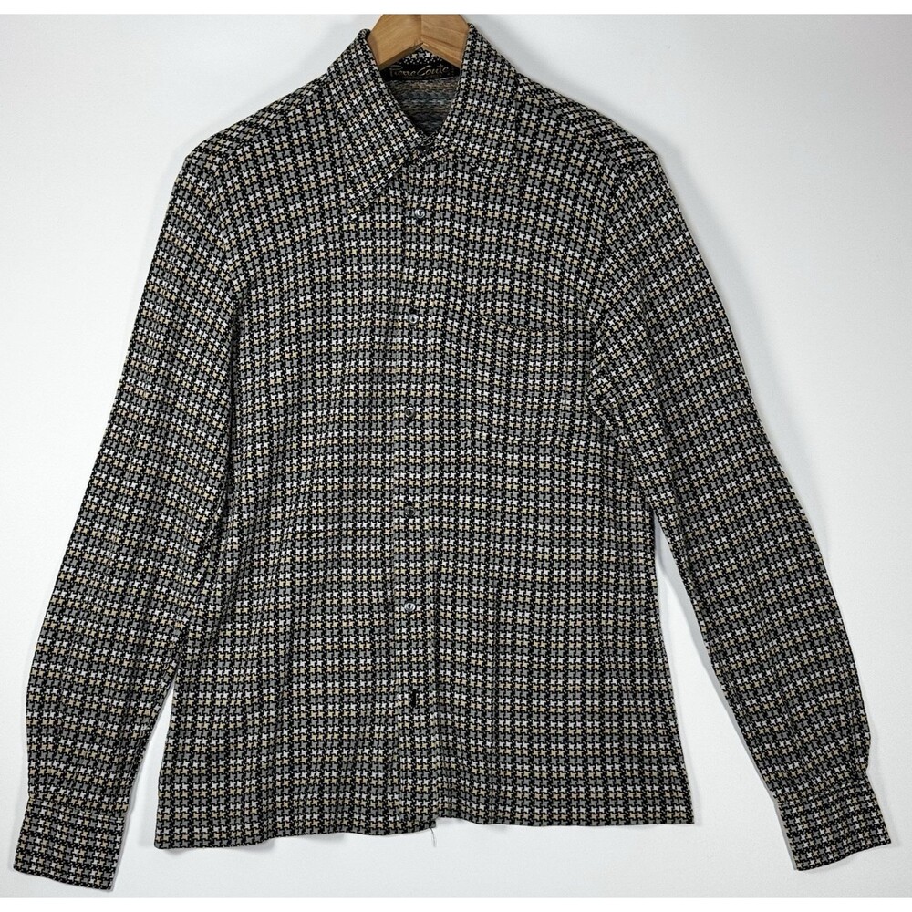 Vintage 70s Pierre Conte France Creation Jersey Shirt Men Size 4 Mod Houndstooth